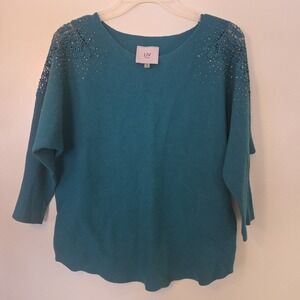 LIV MILANO Blue Jeweled Beaded Womens Sweater Top Size Medium Lace Cut Out